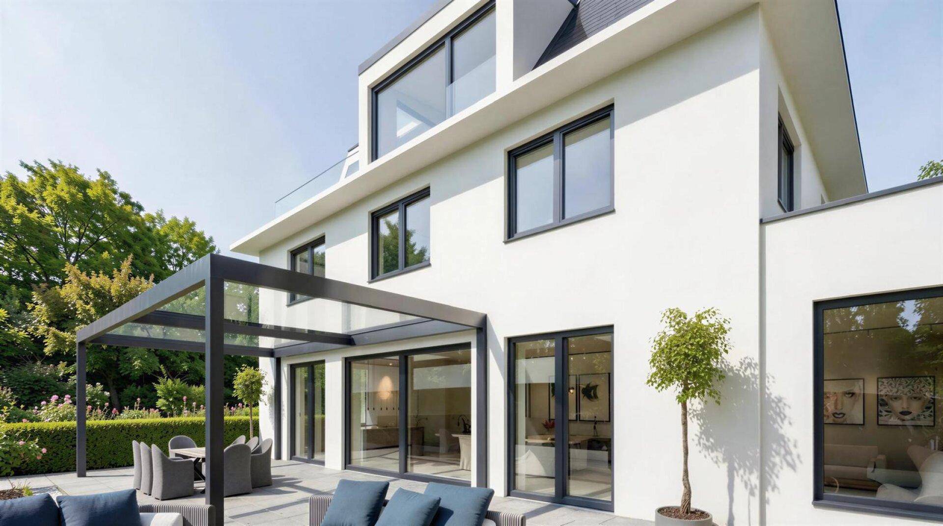 Seitliche Perspektive der modernen Villa mit weitläufiger Terrasse, Pergola und üppigem Garten.