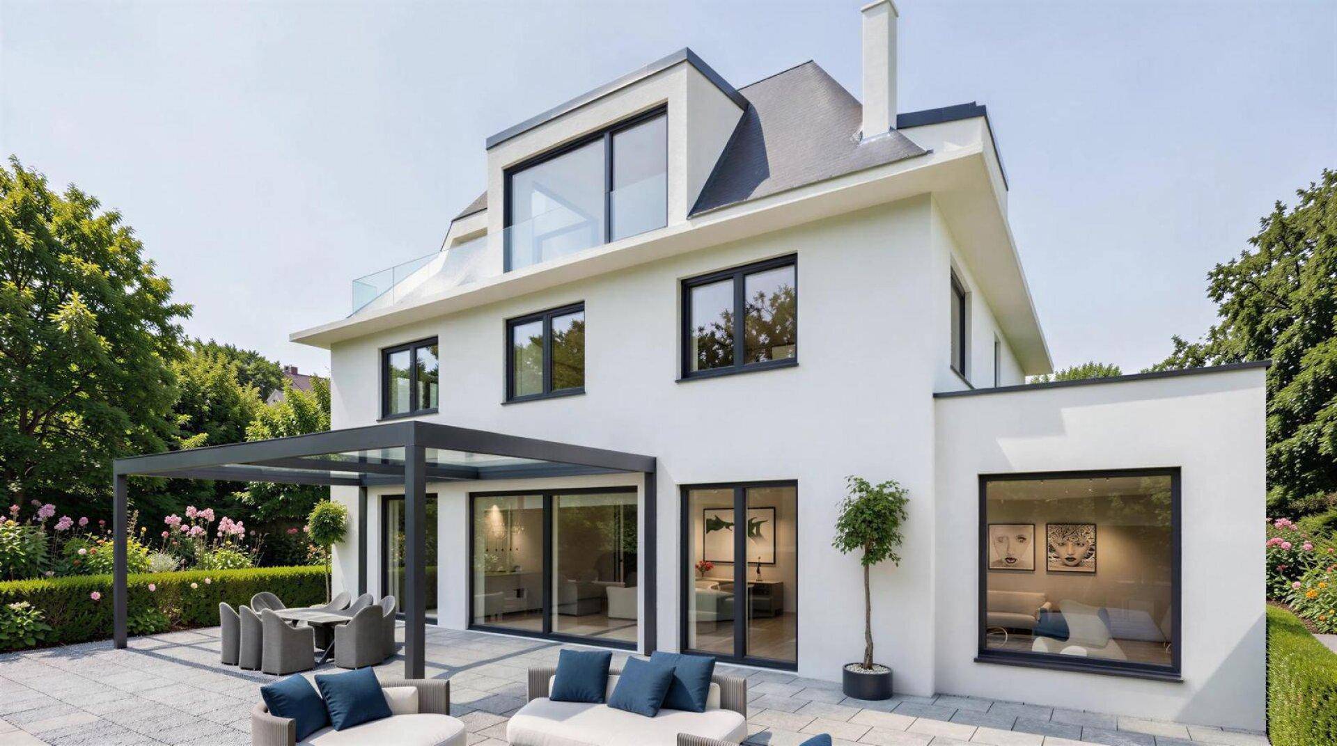 Die moderne Villa von hinten mit großer Terrasse, Garten und bodentiefen Fenstern.
