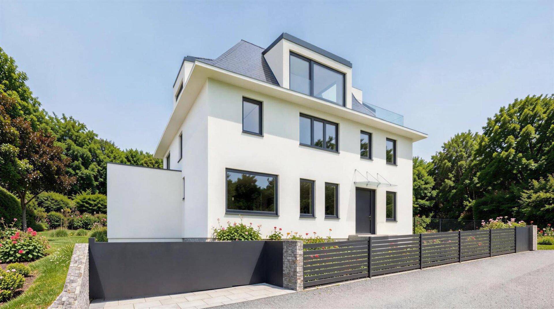 Vorderansicht der modernen Villa mit weißer Fassade, großen Fenstern und gepflegtem Vorgarten.