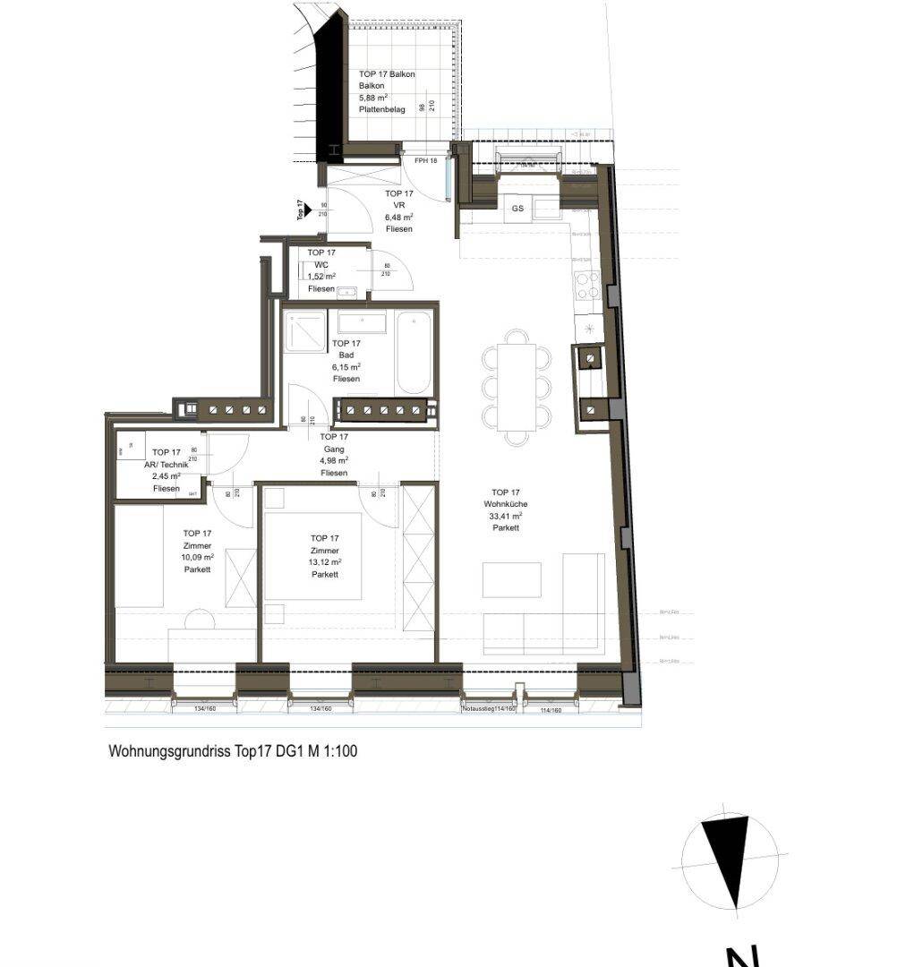 Grundriss der Wohnung Top 17 im Dachgeschoss mit Balkon und verschiedenen Bodenbelägen.