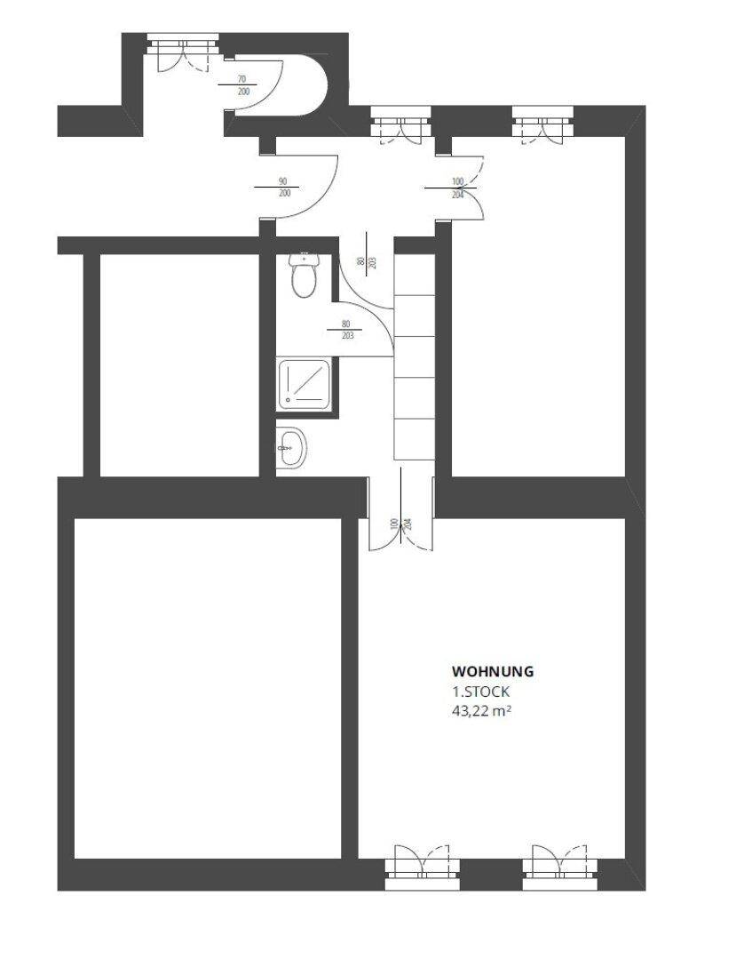 Grundriss einer 43,22 m² großen Wohnung im ersten Stock mit separatem Bad.