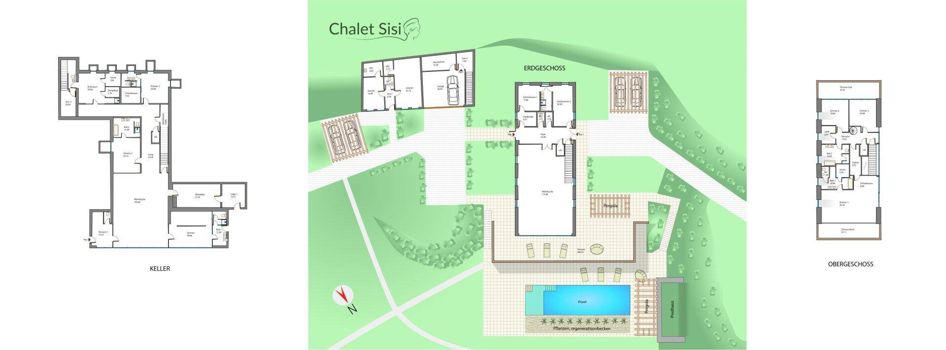 Übersicht der Grundrisse für Keller, Erdgeschoss und Obergeschoss des Chalet Sisi.