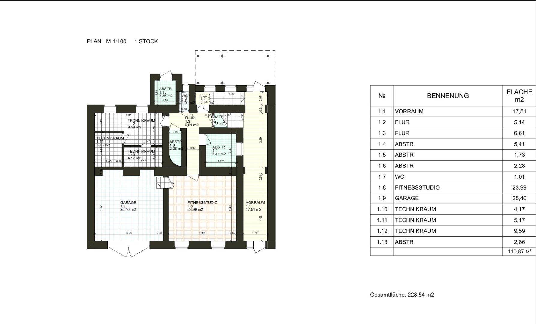 Grundriss des ersten Stocks mit Vorraum, Fitnessstudio und Garage.