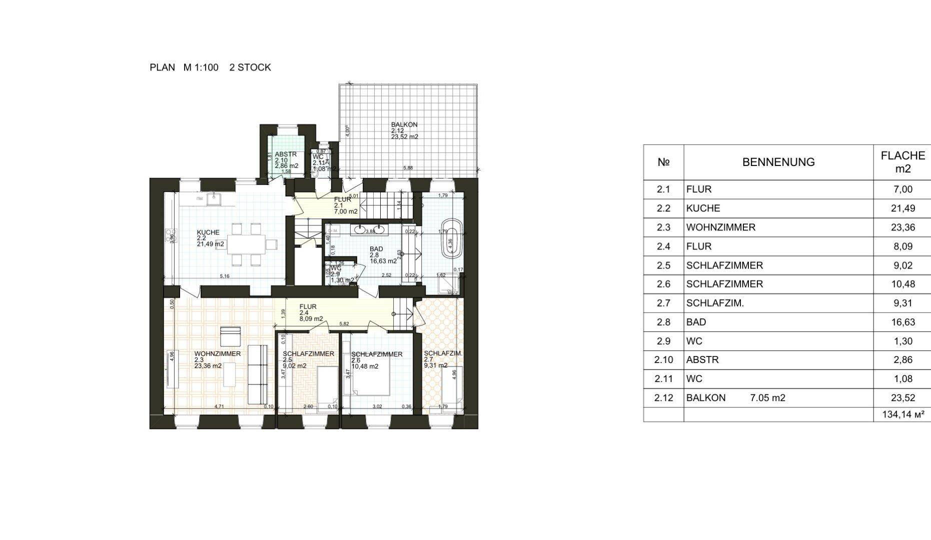 Grundriss des zweiten Stocks mit Wohnzimmer, Küche, Schlafzimmern und Balkon.