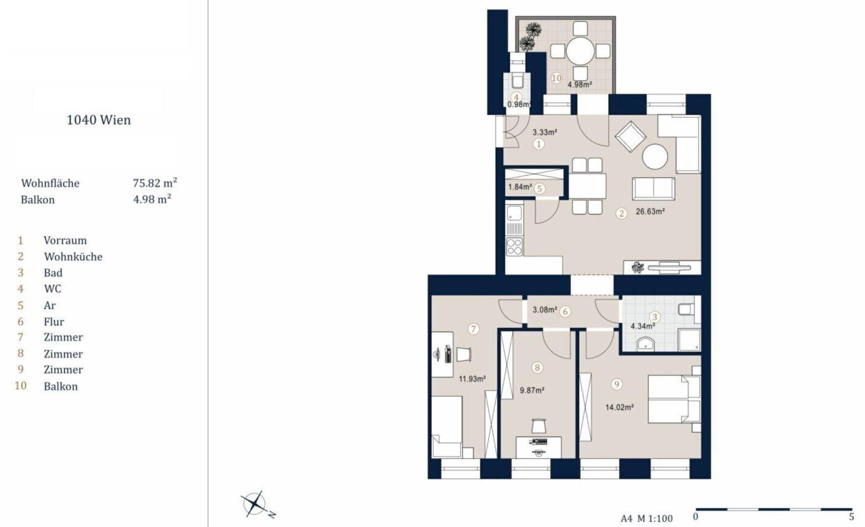 Detaillierter Grundriss einer Wohnung mit offenem Wohnbereich, Balkon und zwei Schlafzimmern.