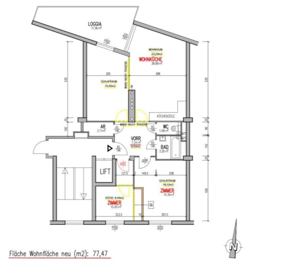 Grundriss einer Wohnung mit offener Wohnküche, mehreren Schlafzimmern, Bad, separatem WC und einer Loggia. Ein Aufzug ist ebenfalls vorhanden.