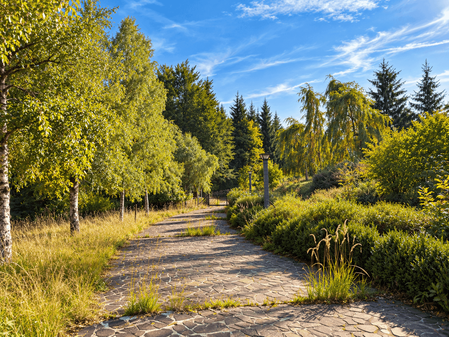 Geschwungener Steinweg führt durch üppige Vegetation zu einem schmiedeeisernen Tor.