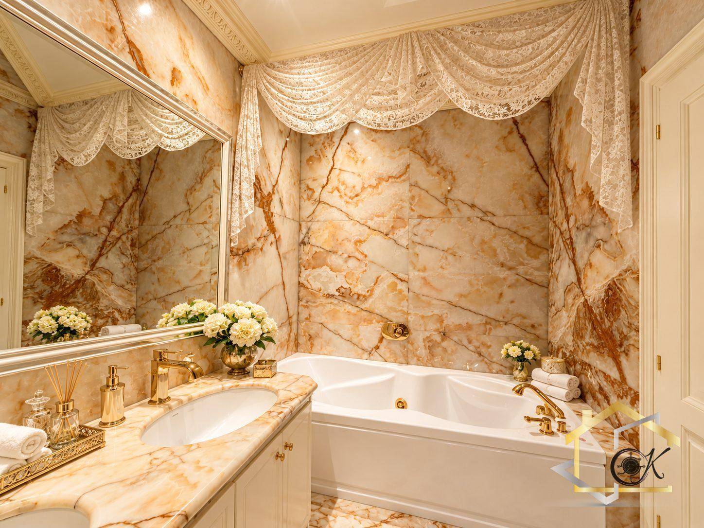 Luxuriöses Badezimmer mit Marmorfliesen, Badewanne und eleganten goldenen Armaturen.