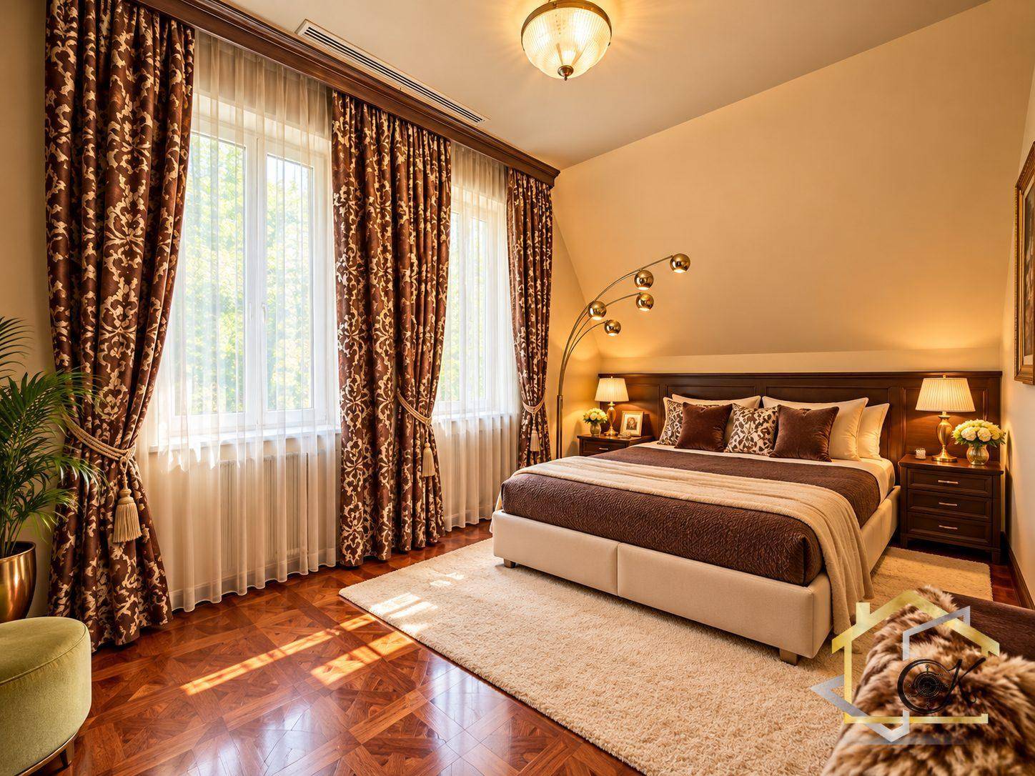 Gemütliches Schlafzimmer mit Holzboden, großen Fenstern und eleganten Vorhängen.