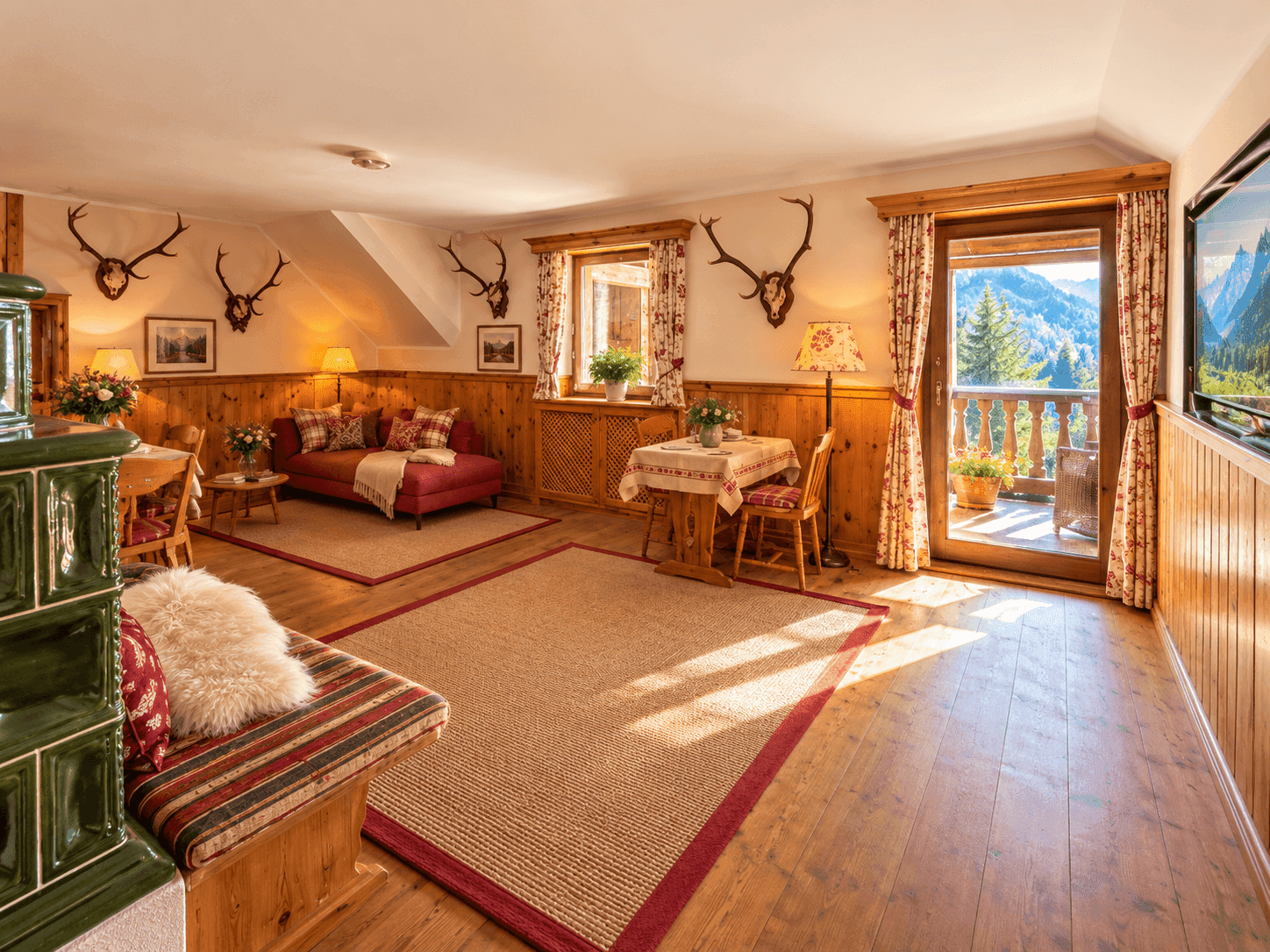 Heller Wohn-Essbereich mit Balkonzugang, Kachelofen und Bergblick im alpinen Stil.