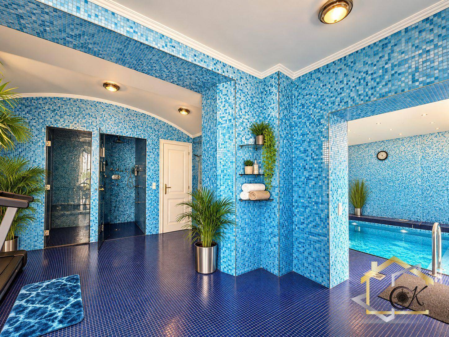 Moderner Wellnessbereich mit blauen Mosaikfliesen, Duschen und Zugang zum Pool.