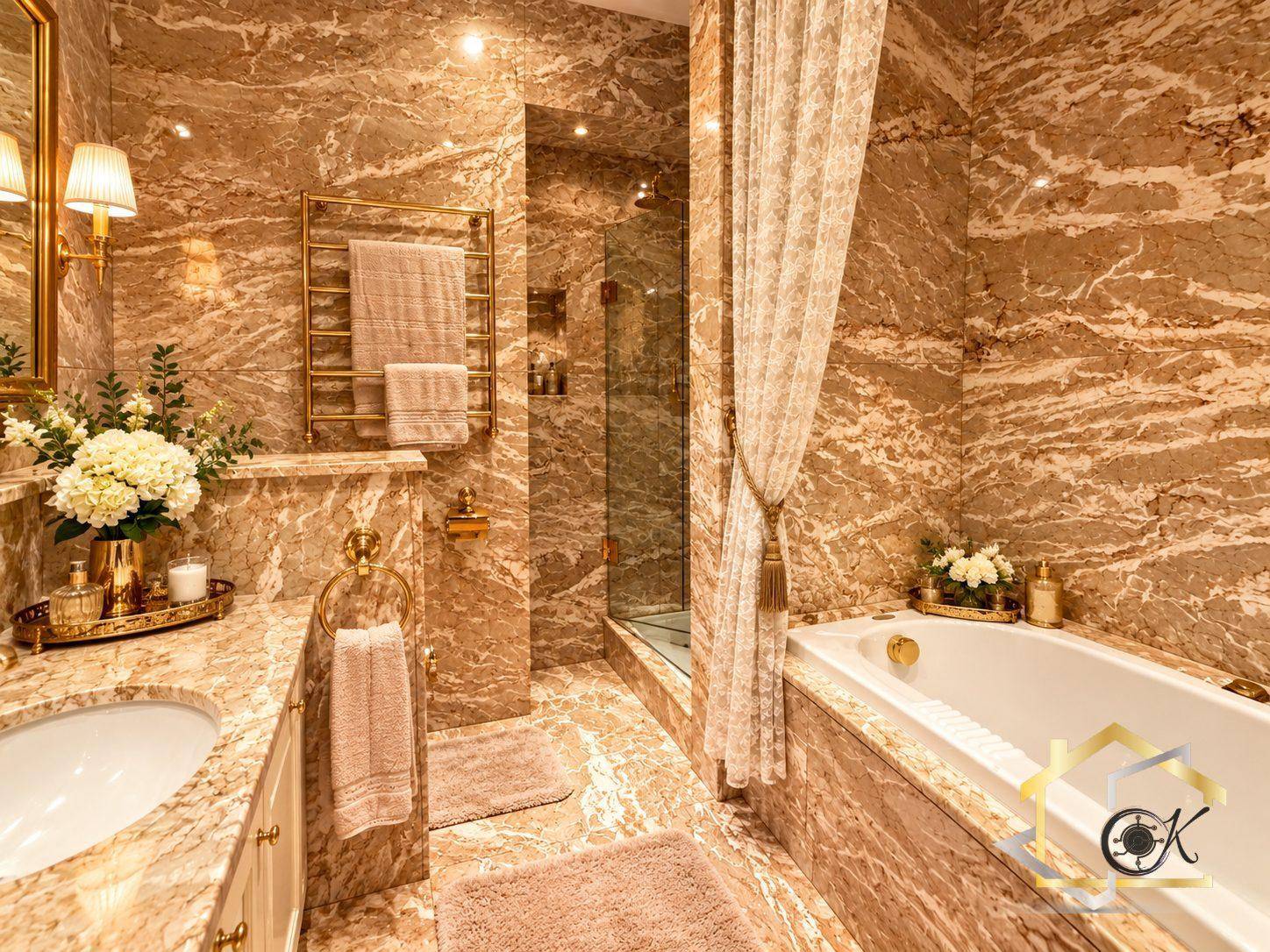 Luxuriöses Badezimmer mit Marmorfliesen, Badewanne, begehbarer Dusche und goldfarbenen Armaturen.