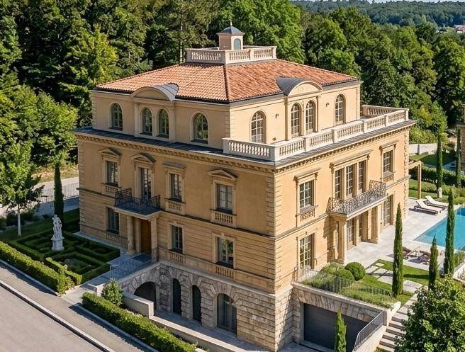 Majestätische Villa mit klassischer Architektur, weitläufigem Garten und privatem Poolbereich.