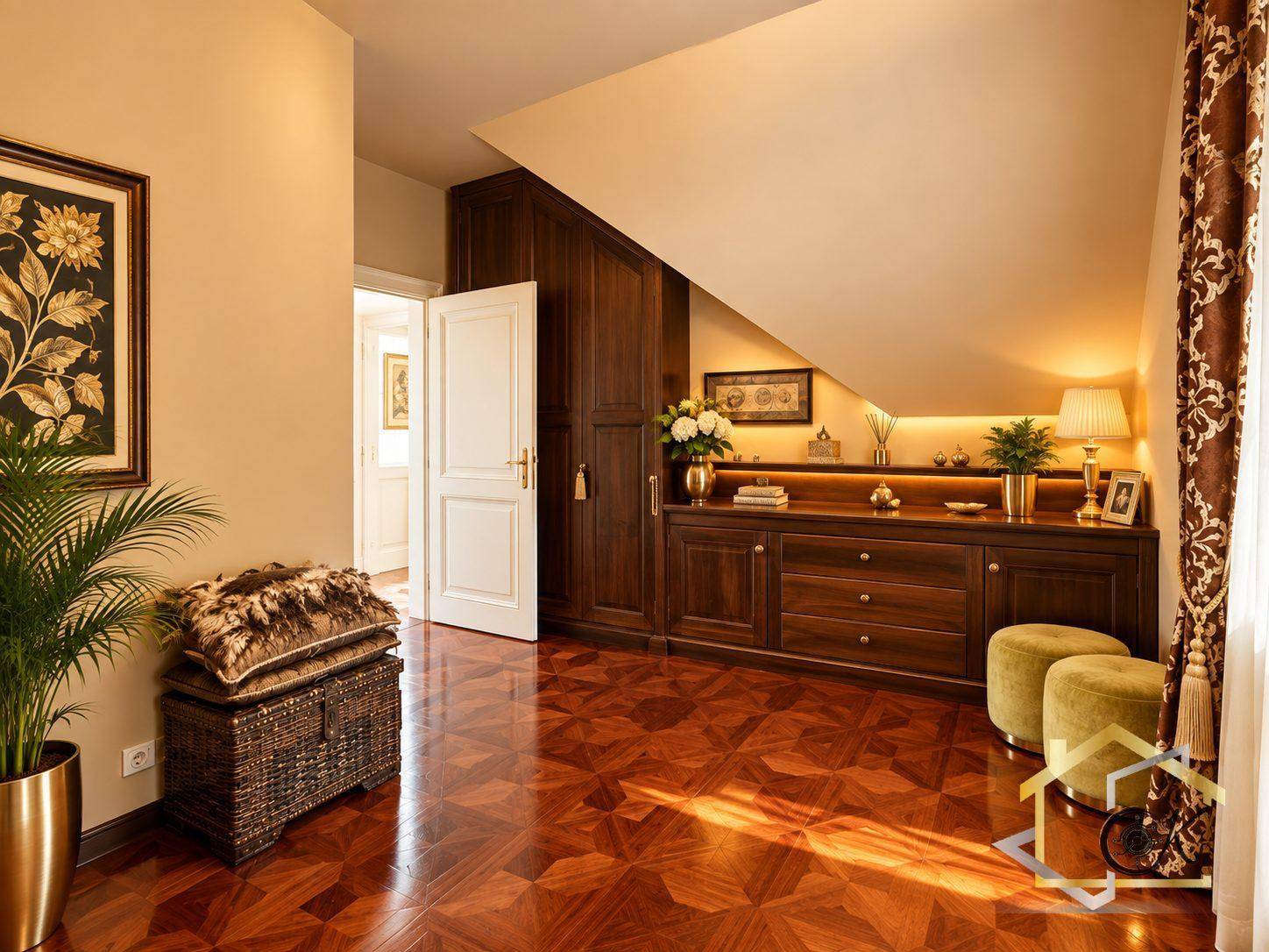 Schlafzimmer mit Holzboden, Einbauschränken und schräger Decke im Dachgeschoss.