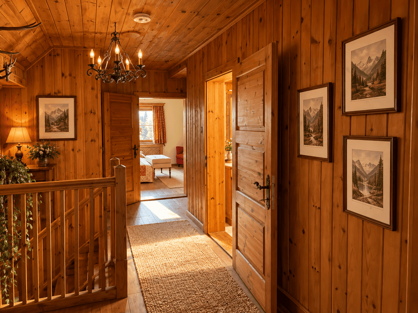 Rustikaler Flur mit Holzvertäfelung, Treppe und Blick in angrenzende Zimmer.