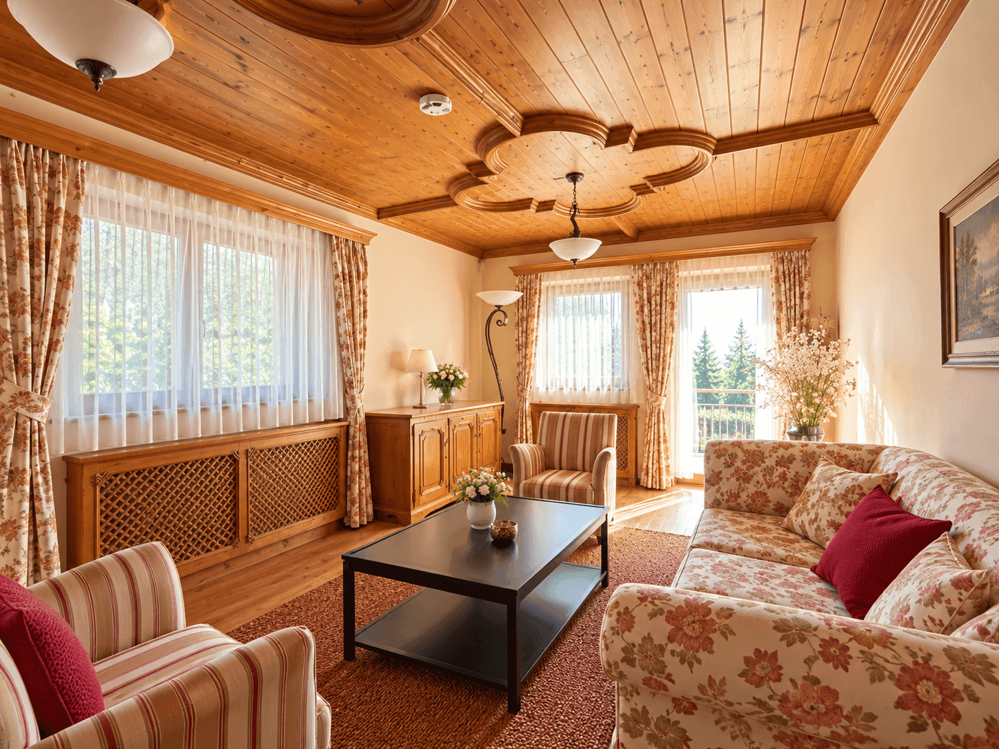 Traditionelles Wohnzimmer mit Holzbalkendecke, floralen Sofas und Blick ins Grüne.