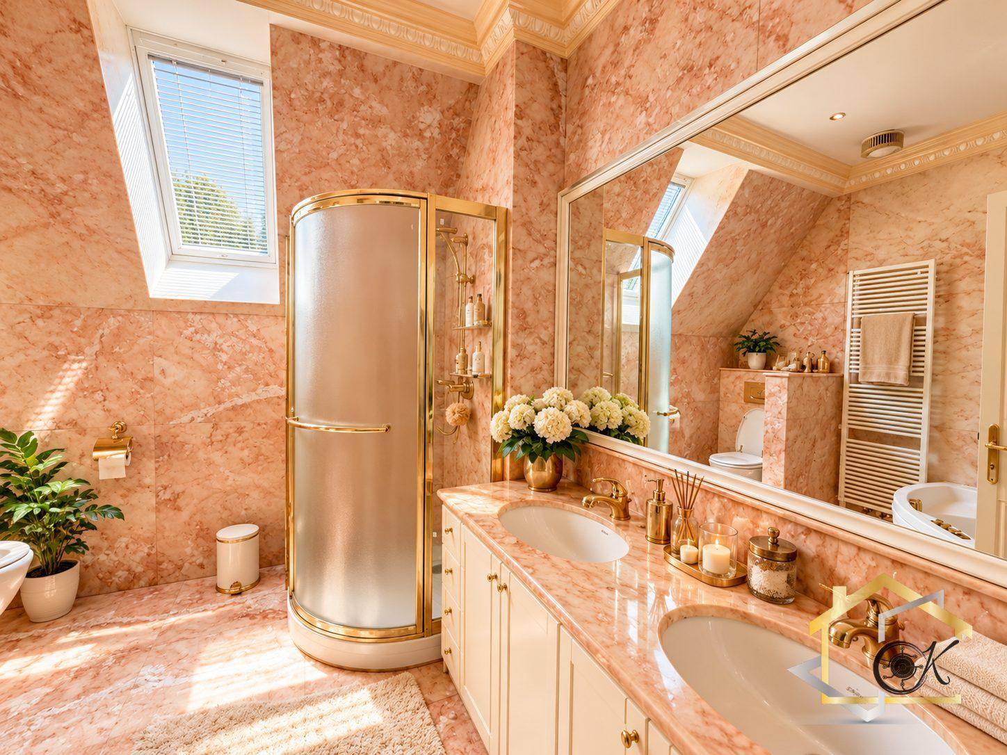 Elegantes Badezimmer mit rosa Marmor, Dusche, Doppelwaschbecken und Dachfenster.