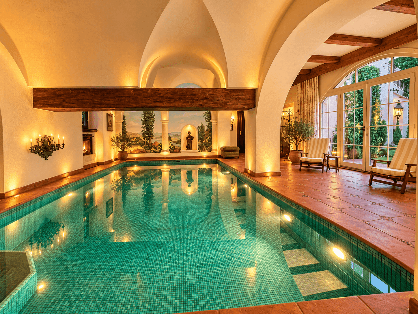 Elegante Schwimmhalle mit großem Innenpool, Wandmalereien und Zugang zu einem Außenbereich durch hohe Fenster.