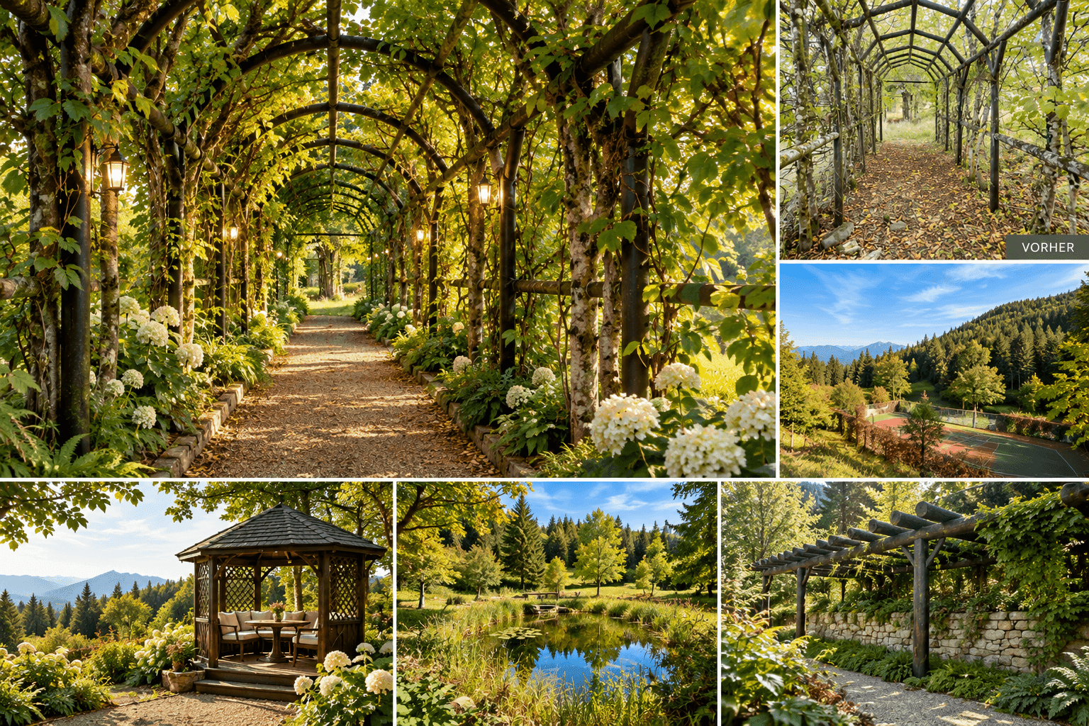 Malerische Gartenwege mit Rankenpergolen, Teich und Pavillon in weitläufiger Landschaft.