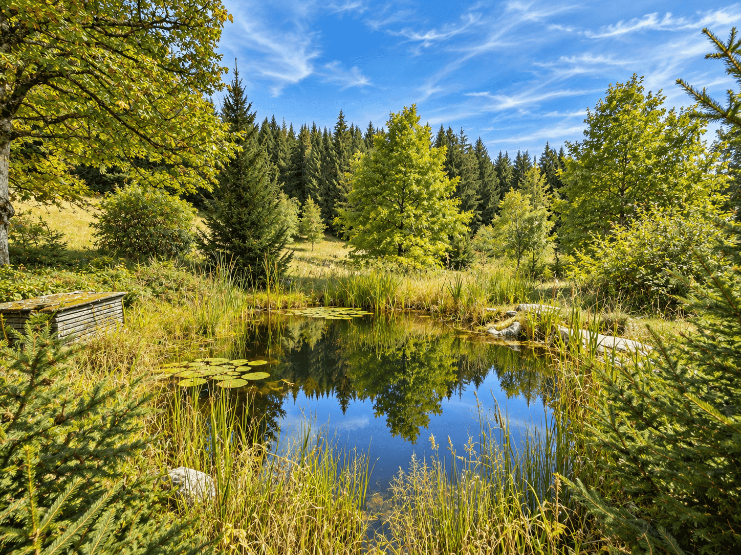 Natürlicher Gartenteich mit Seerosen und üppiger Vegetation umgeben von Bäumen.