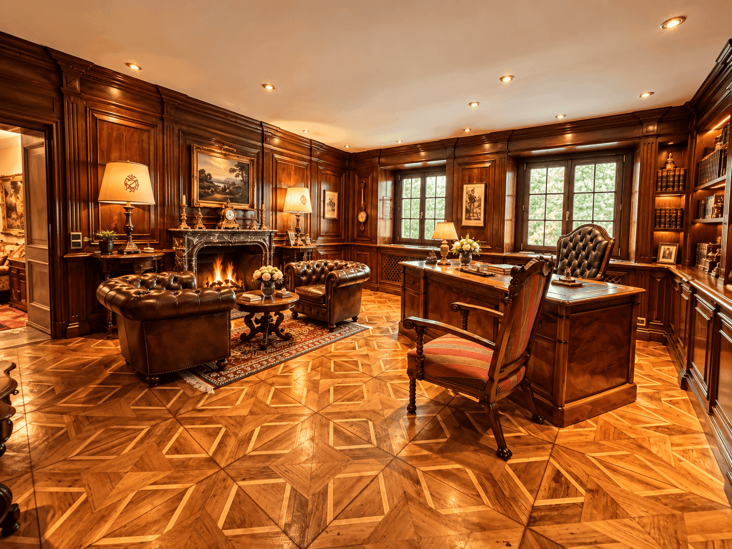 Elegantes Arbeitszimmer mit dunkler Holzvertäfelung, Kamin und aufwendigem Parkettboden.