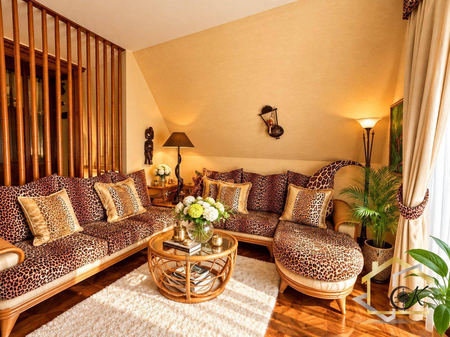 Gemütliches Wohnzimmer mit Leopardenmuster-Sofa, Holzboden und dekorativen Pflanzen.