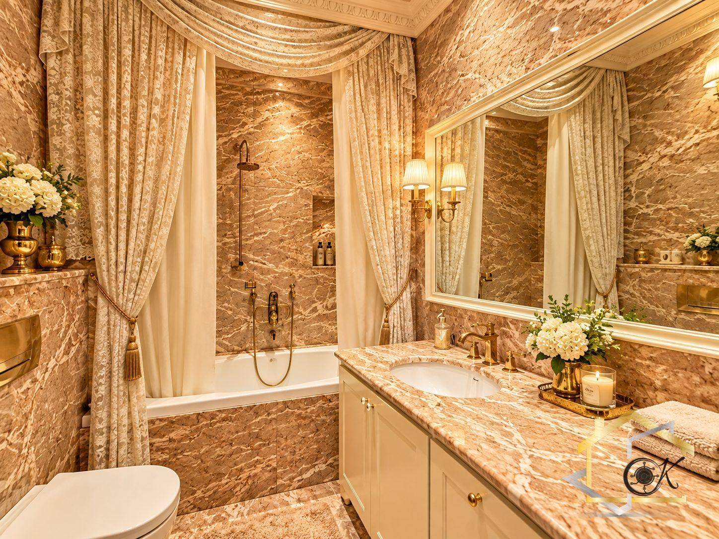 Elegantes Badezimmer mit Marmorverkleidung, Badewanne mit Duschfunktion und Waschtisch.