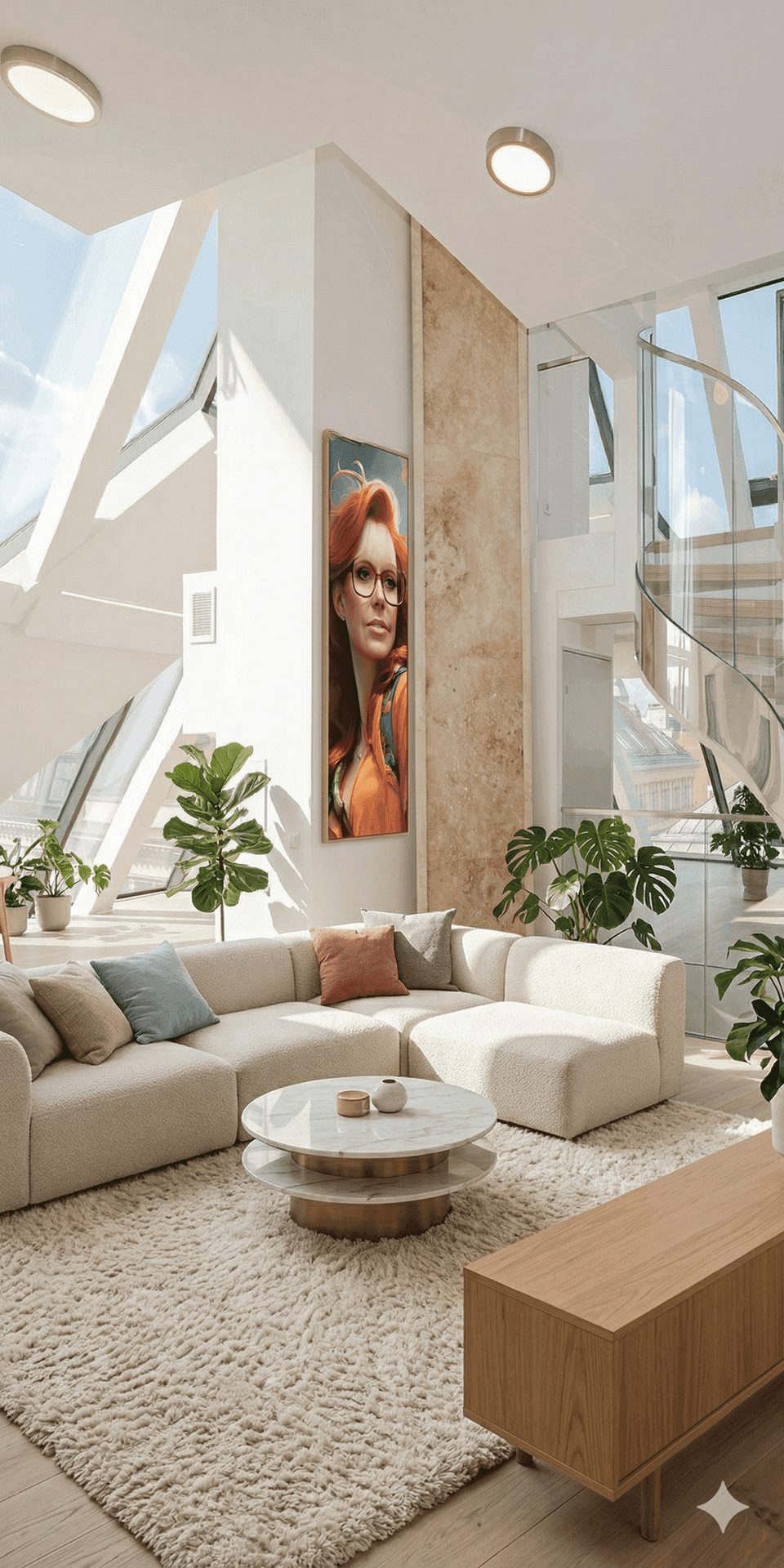 Lichtdurchfluteter Wohnbereich mit hohen Decken, Wendeltreppe und moderner Einrichtung.