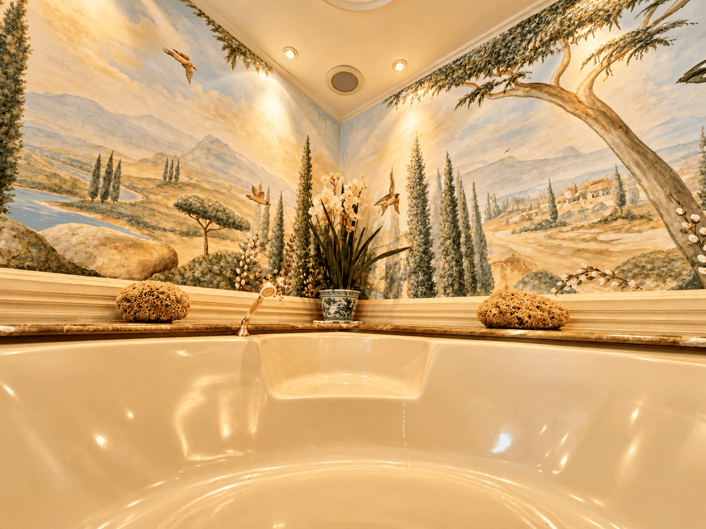 Luxuriöses Badezimmer mit Eckbadewanne und kunstvollen Wandmalereien, die eine Landschaft darstellen.