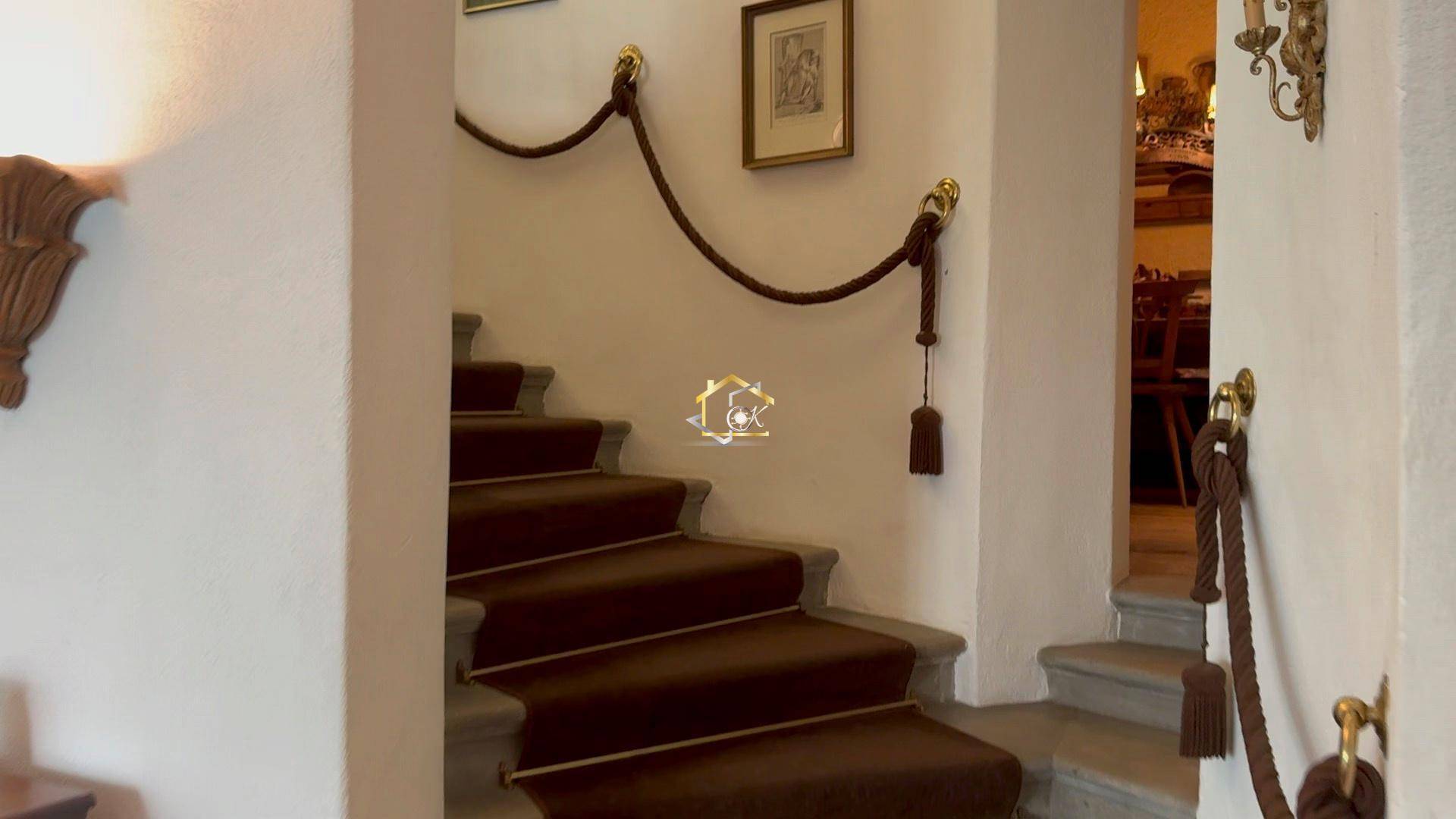 Elegante Treppe mit Teppichläufer und dekorativen Seilgeländern.