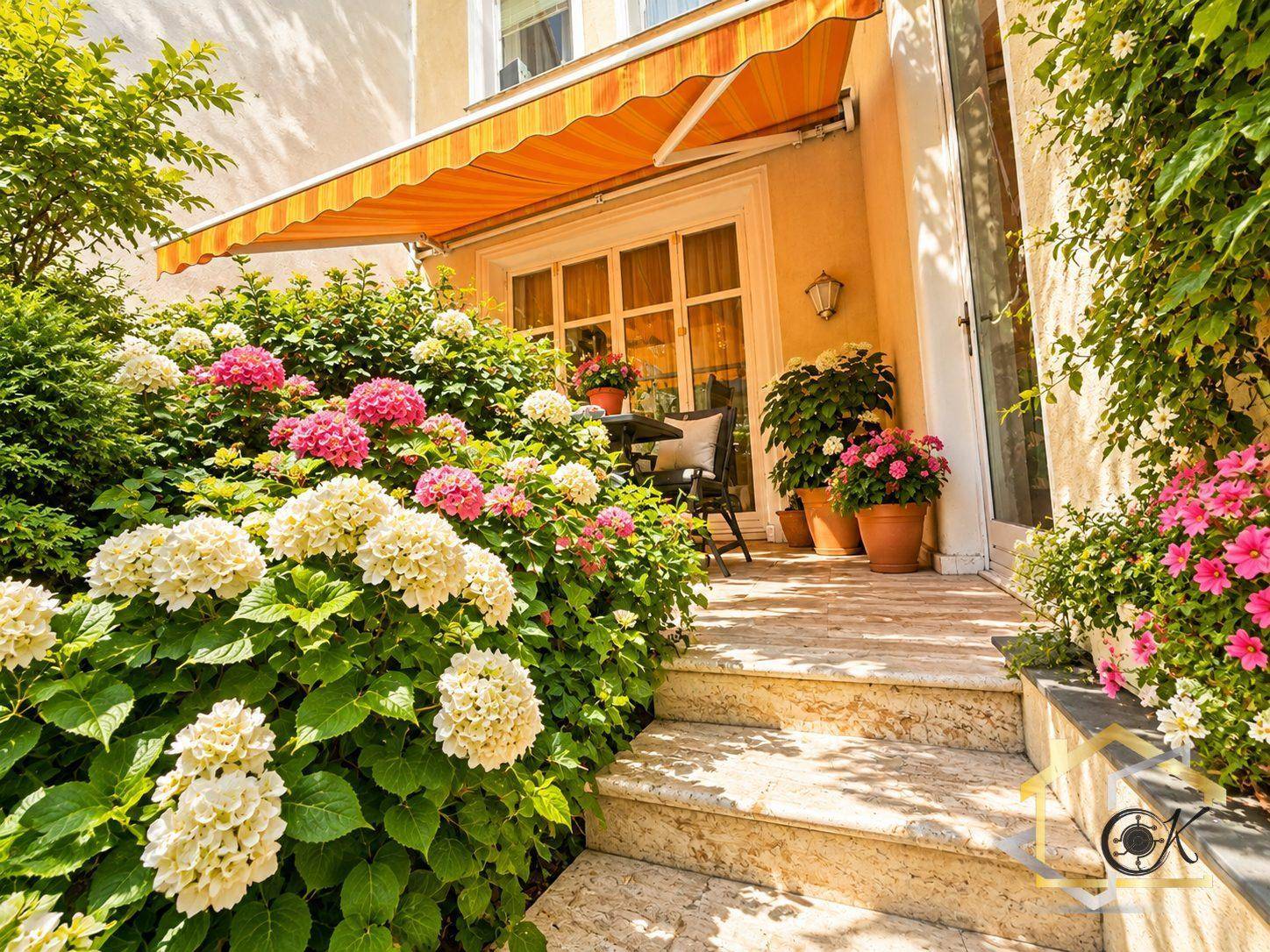 Gemütliche Terrasse mit Markise, Gartenmöbeln und üppiger Blumenpracht im Außenbereich.