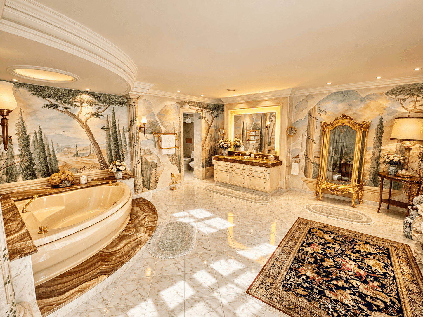 Luxuriöses Badezimmer mit großer Eckbadewanne, Marmoroberflächen, Doppelwaschbecken und kunstvollen Wandmalereien.