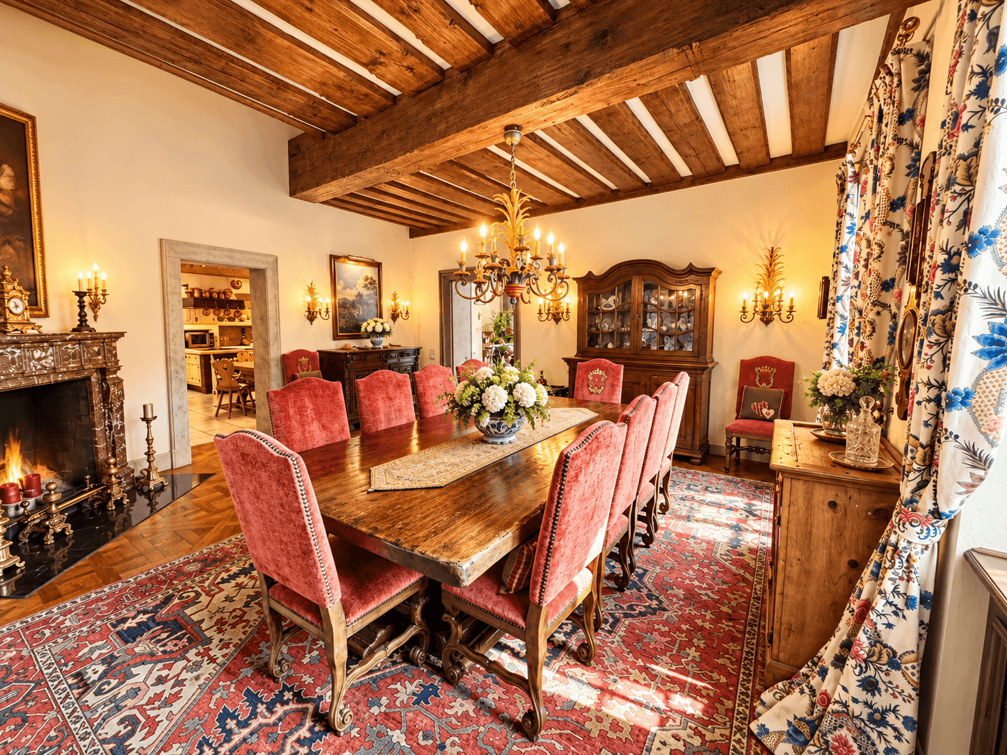 Elegantes Esszimmer mit großem Holztisch, roten Samtstühlen, sichtbaren Holzbalken und einem traditionellen Kamin.