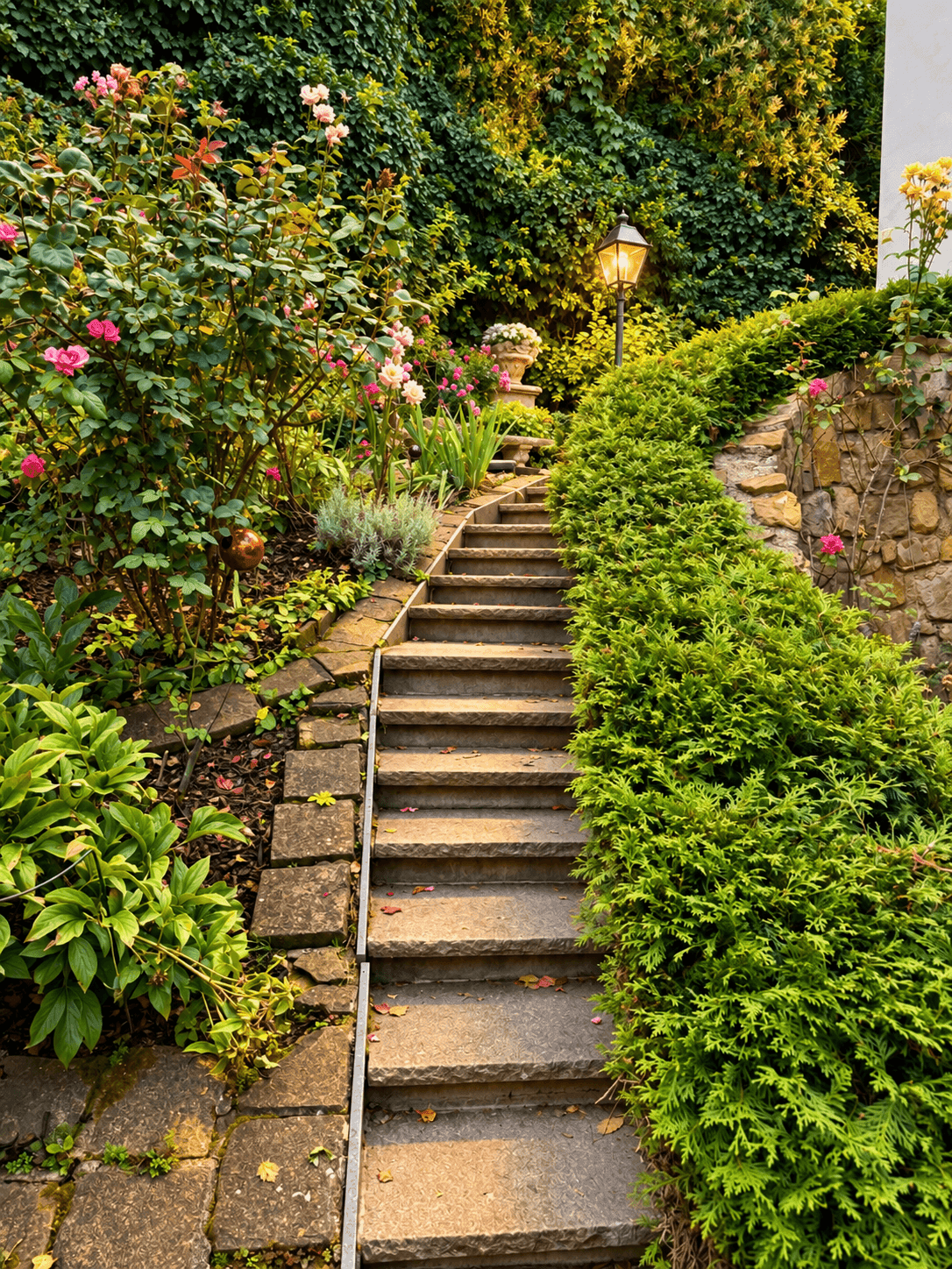Malerische Steintreppe schlängelt sich durch einen üppigen Garten mit Rosenbüschen und einer Laterne.