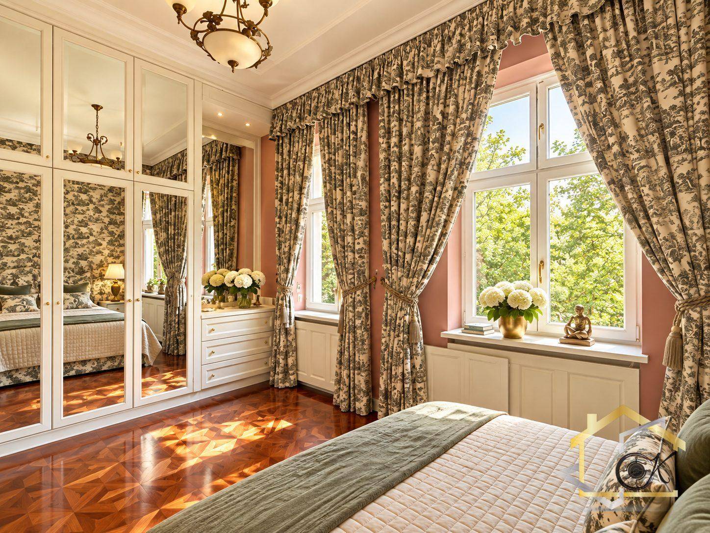 Elegantes Schlafzimmer mit Spiegelschränken, gemusterten Vorhängen und Blick ins Grüne.