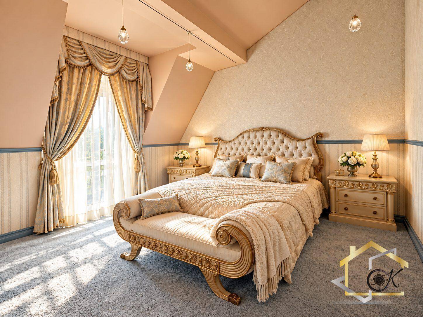 Elegantes Schlafzimmer im Dachgeschoss mit schrägen Wänden, Teppichboden und luxuriösen Vorhängen.
