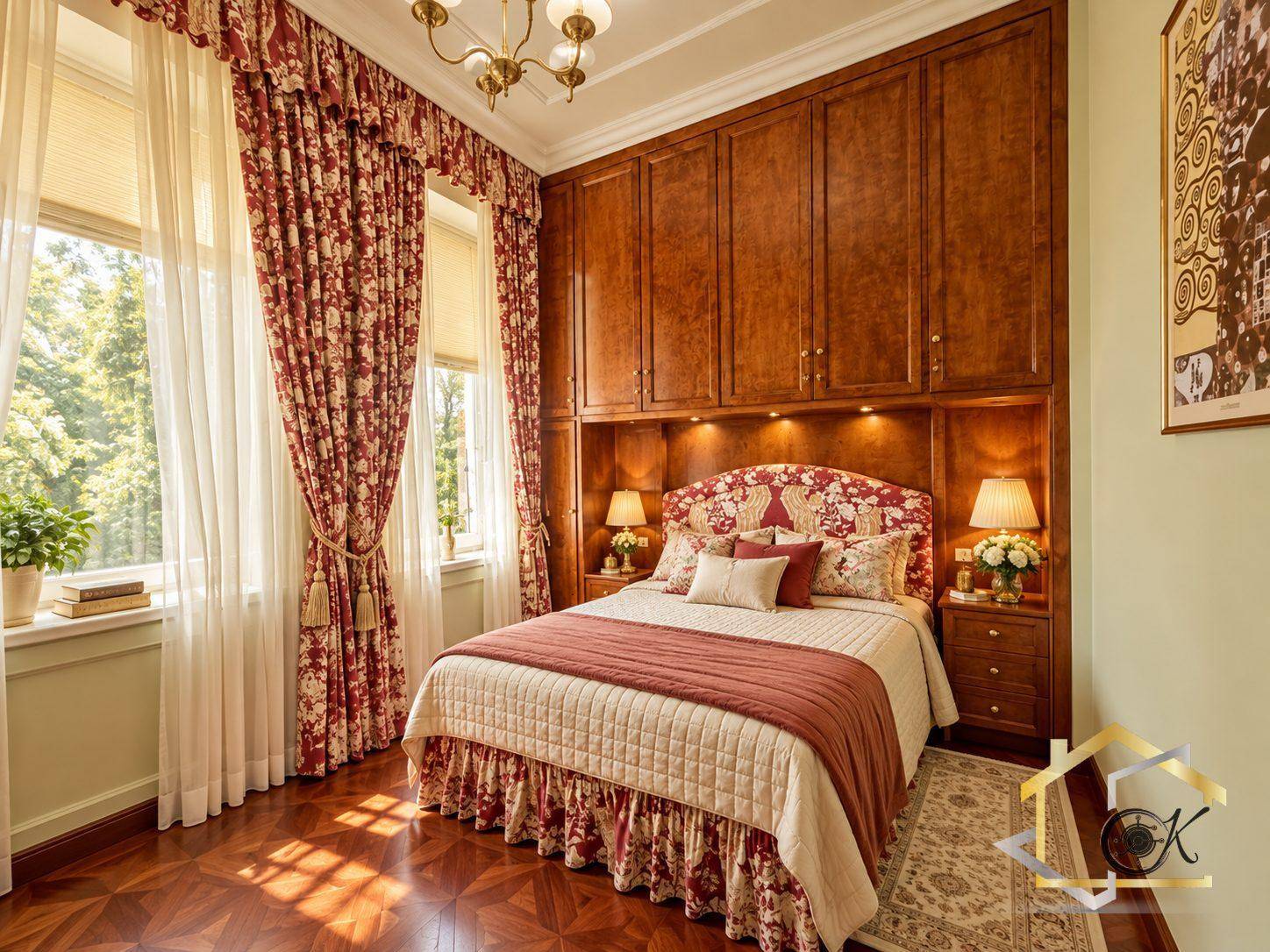 Elegantes Schlafzimmer mit Doppelbett, maßgefertigten Holzschränken und großen Fenstern.