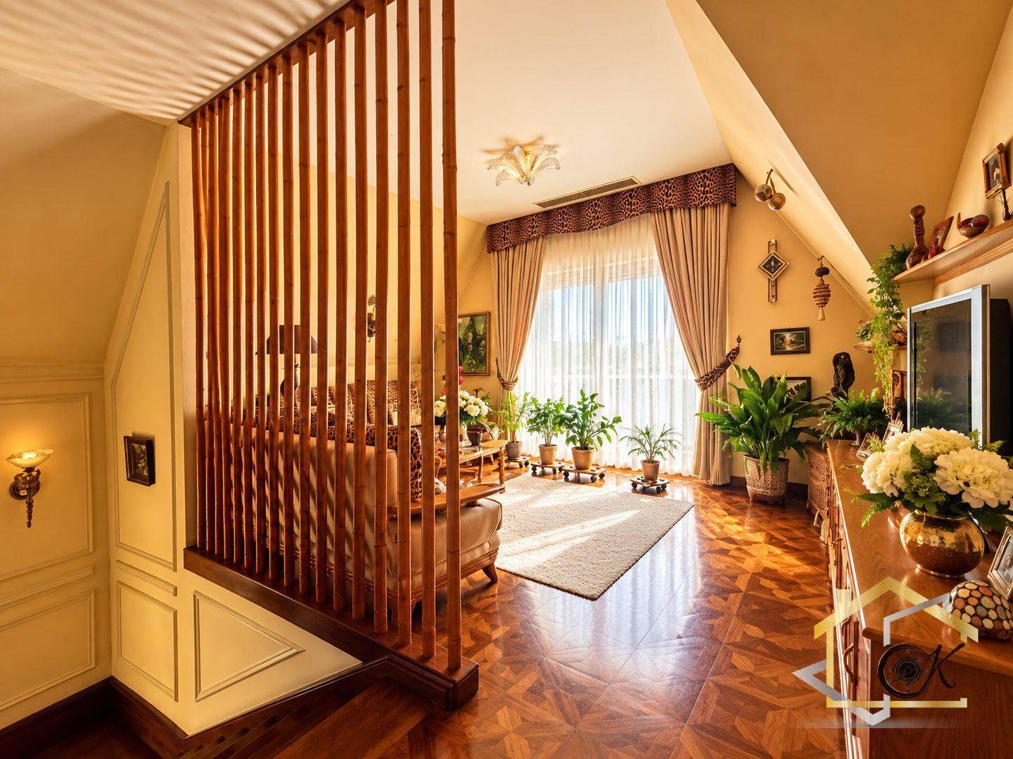 Heller Flur mit Holzboden, Holzlamellenwand und Blick in den Wohnbereich.