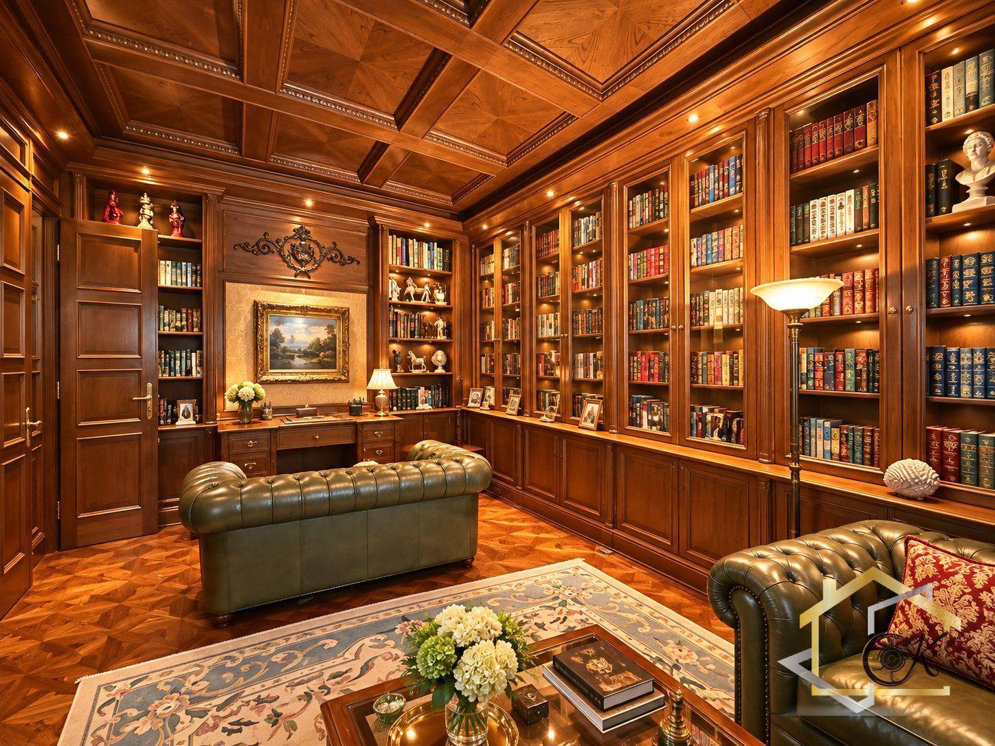 Exklusive Bibliothek mit raumhohen Holzregalen, Ledersofa und aufwendigem Parkettboden.