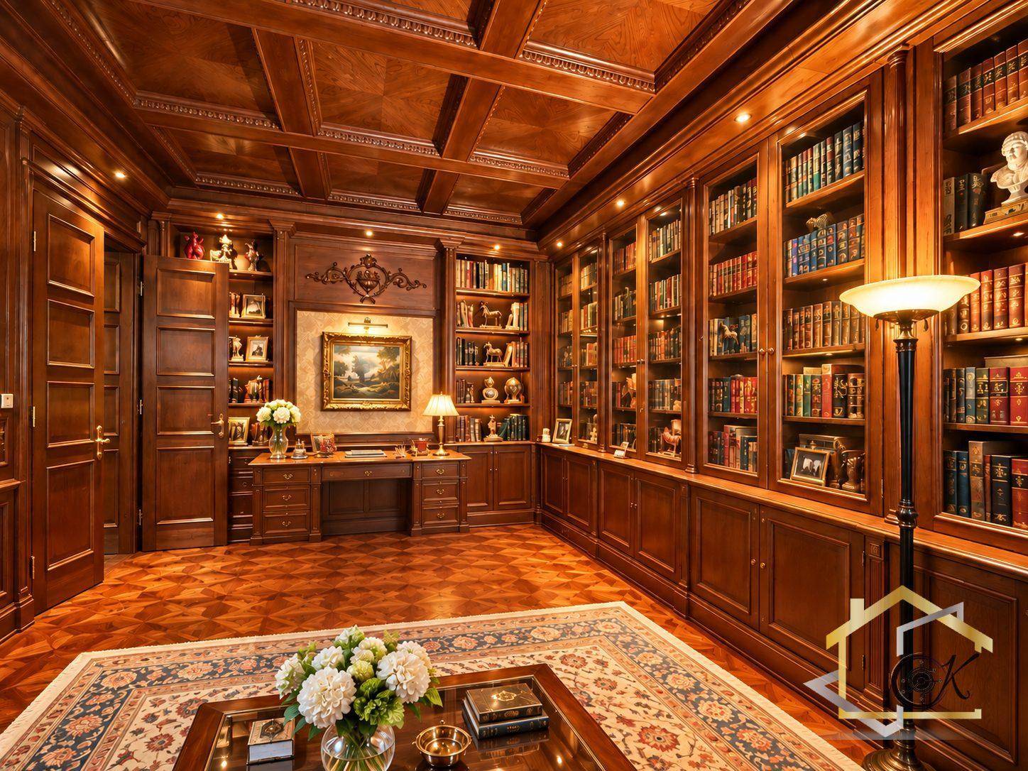 Prächtige Bibliothek mit maßgefertigten Holzregalen, Schreibtisch und edlem Parkettboden.