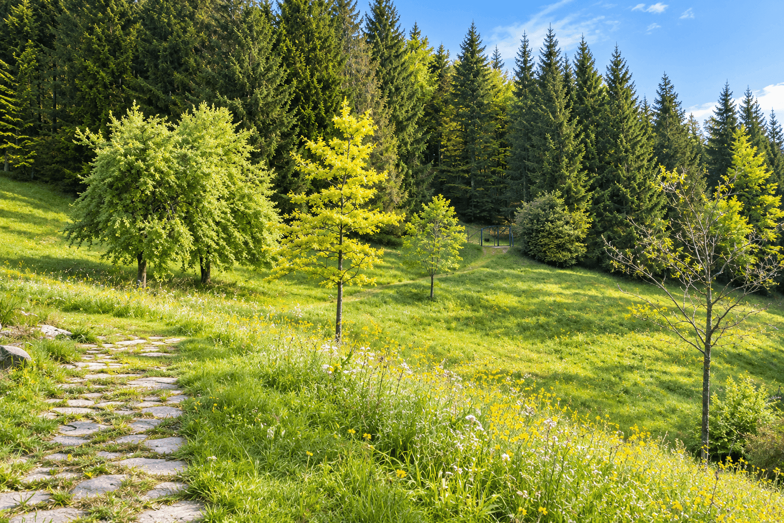 Steinweg führt durch eine sonnige Wiese mit Bäumen und Wald im Hintergrund.