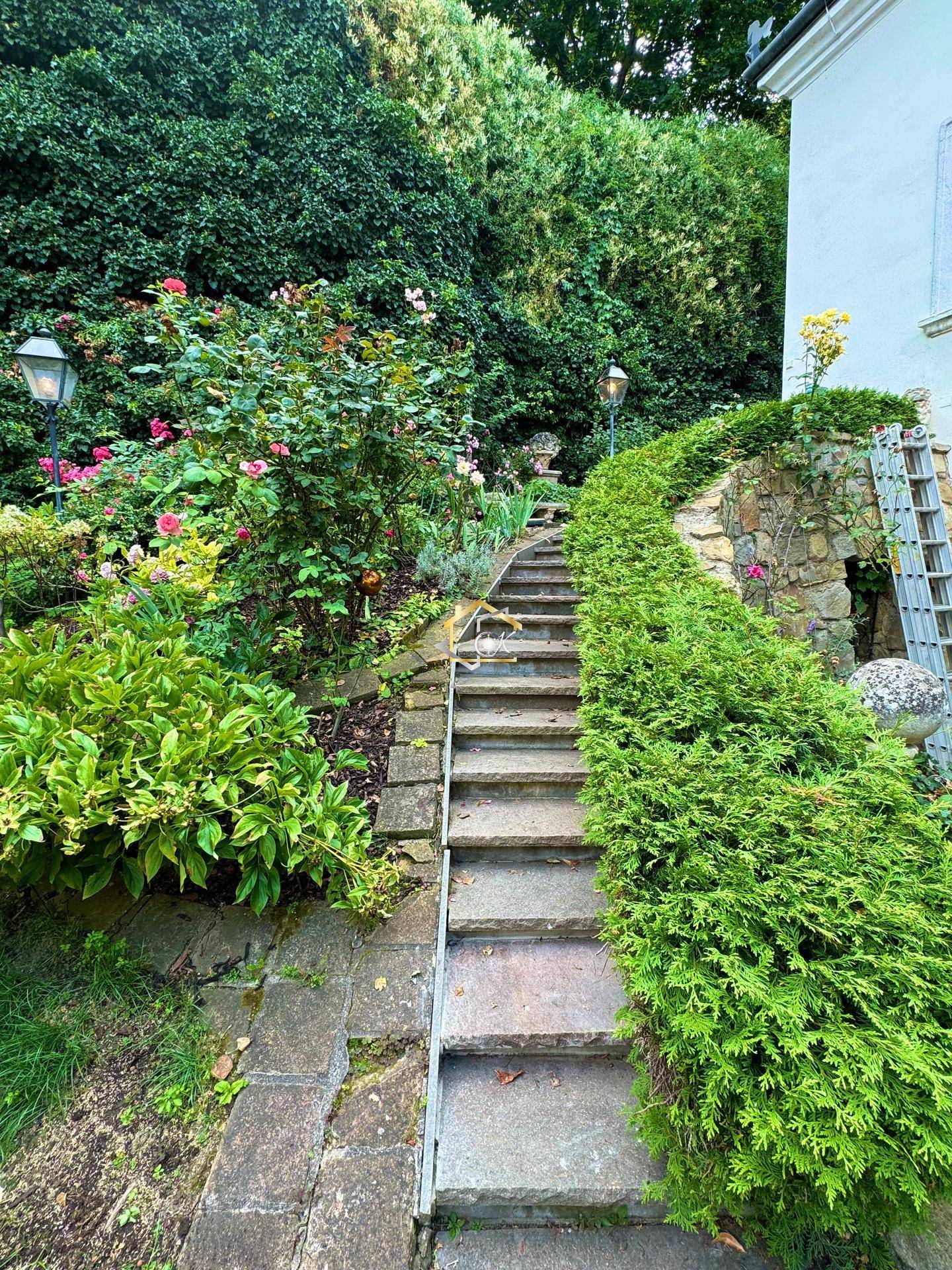 Verwunschener Gartenweg mit Steinstufen, üppigen Hecken und blühenden Sträuchern.