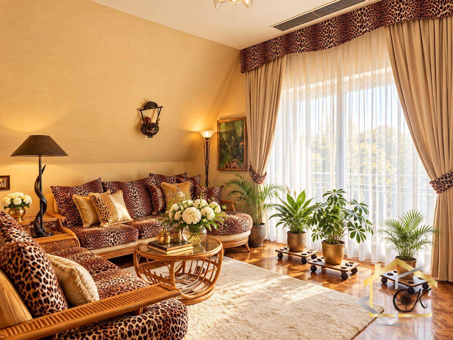 Helles Wohnzimmer mit exotischem Leopardenmuster, Parkettboden und Zugang zum Balkon.