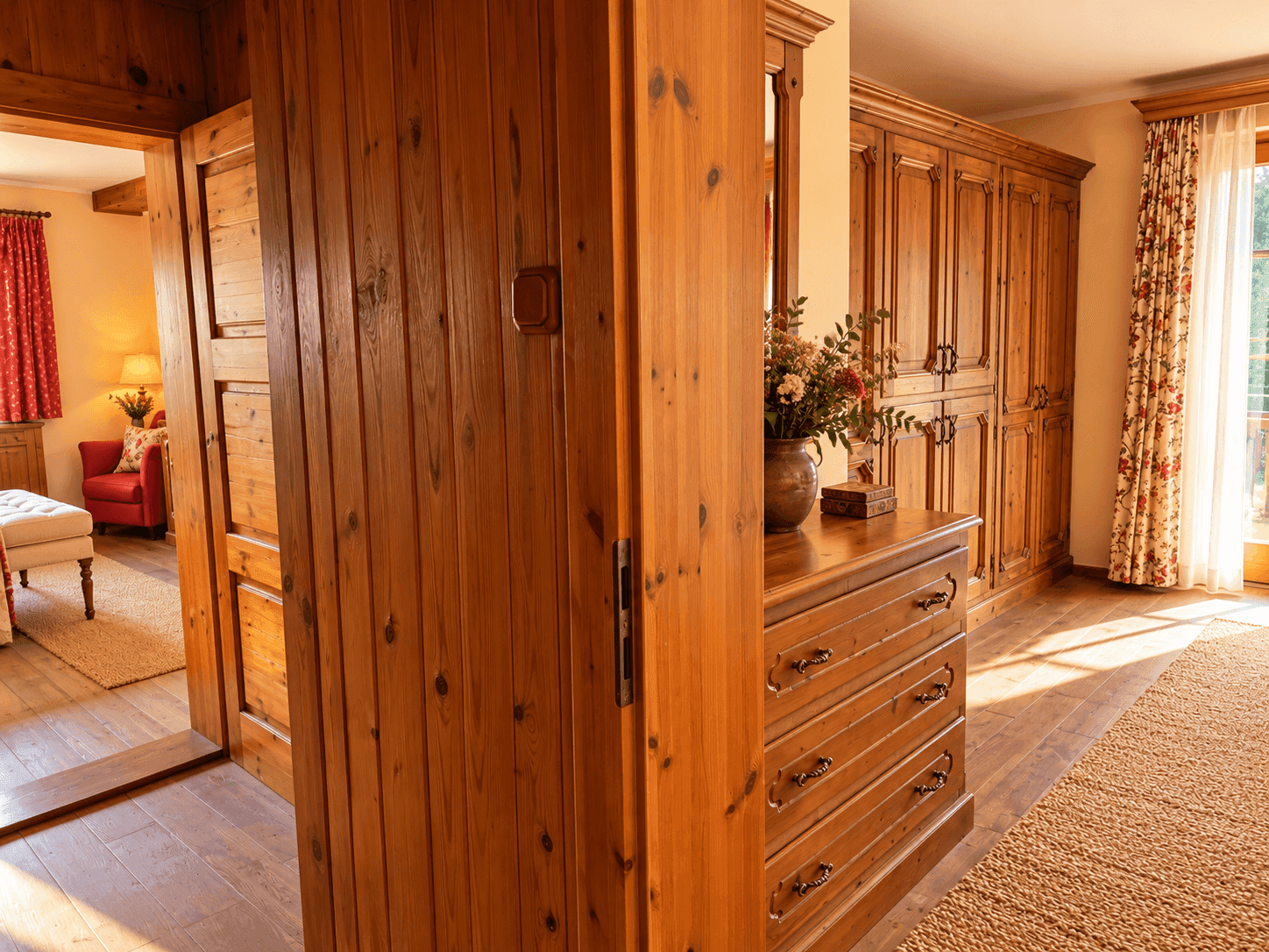 Ankleidebereich mit Einbauschränken aus Holz und Zugang zum Schlafzimmer.