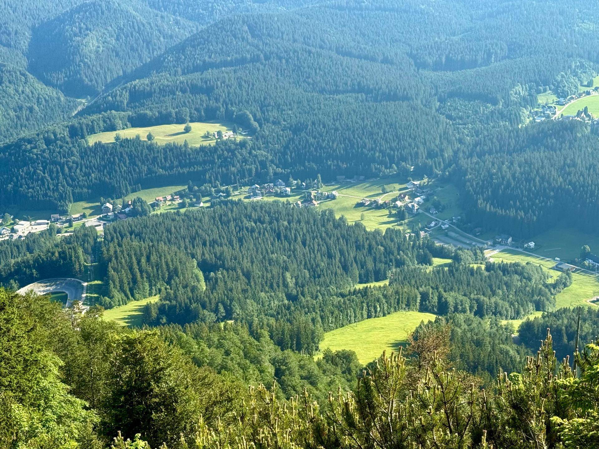 Panoramablick auf eine weite, grüne Landschaft mit dichten Wäldern und einem Dorf im Tal.