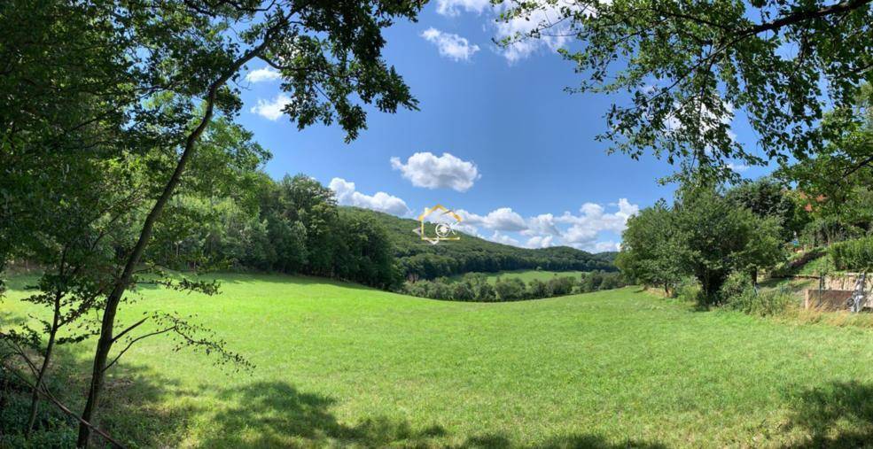 Panoramablick über weite grüne Wiesen und bewaldete Hügel unter einem strahlend blauen Himmel.