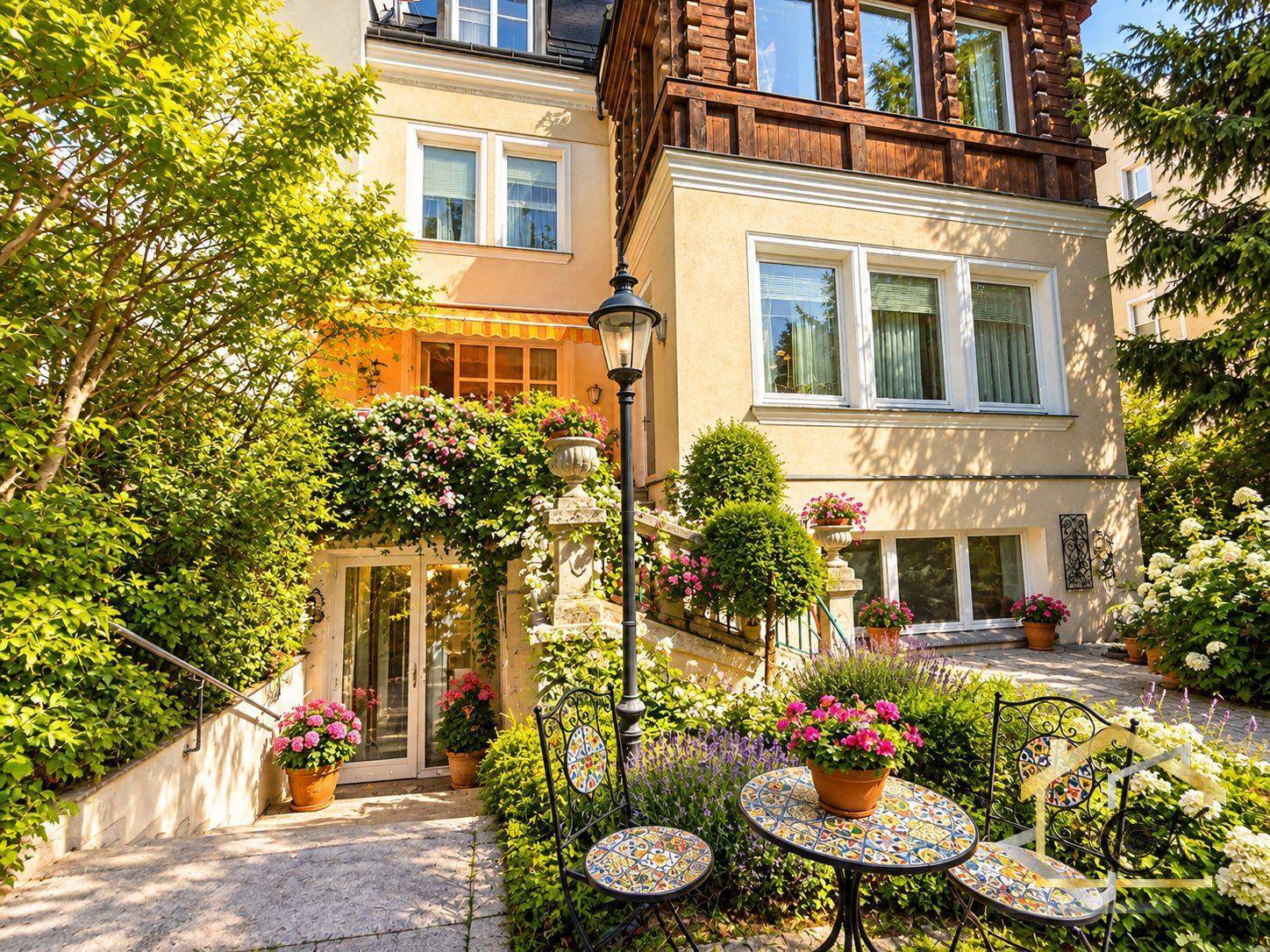 Malerischer Gartenbereich mit blühenden Hortensien, Sitzgelegenheiten und Zugang zum Haus.
