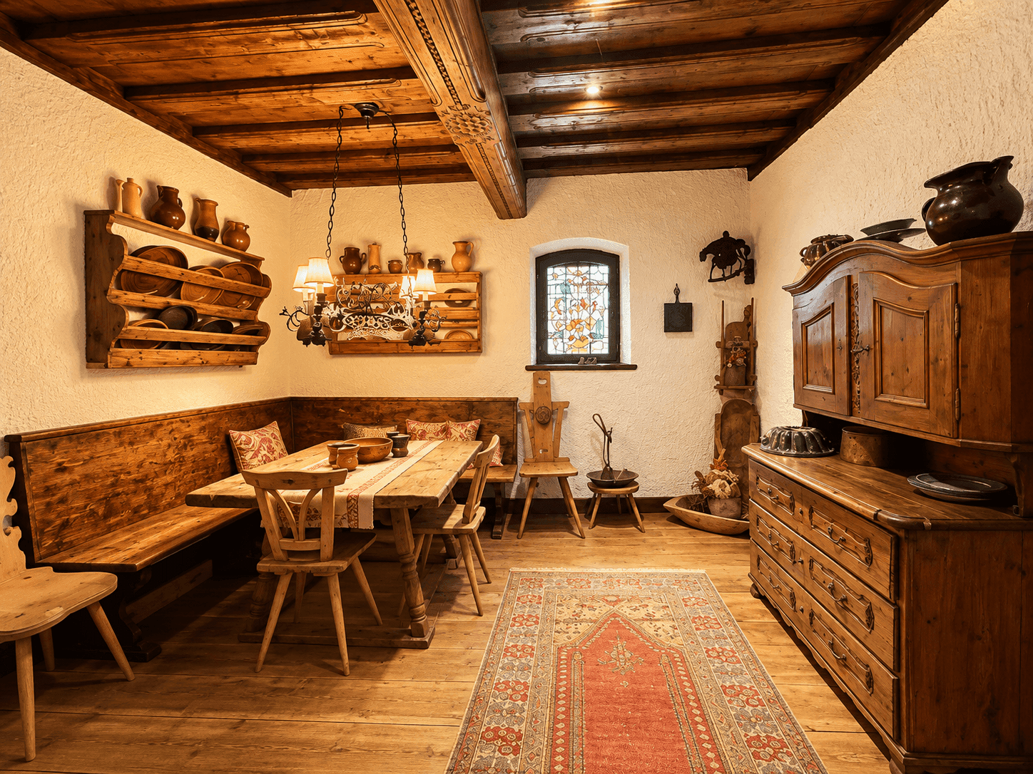 Rustikales Esszimmer mit Holztisch, Eckbank, sichtbaren Holzbalken und traditioneller Dekoration.