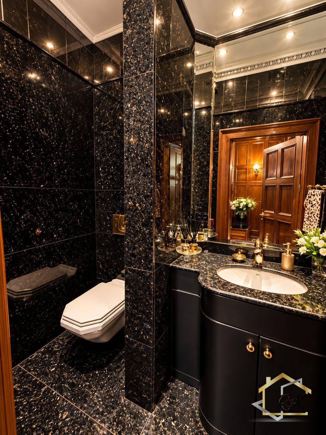 Elegantes Gäste-WC mit schwarzen Granitfliesen, dunklem Waschtisch und Spiegel.
