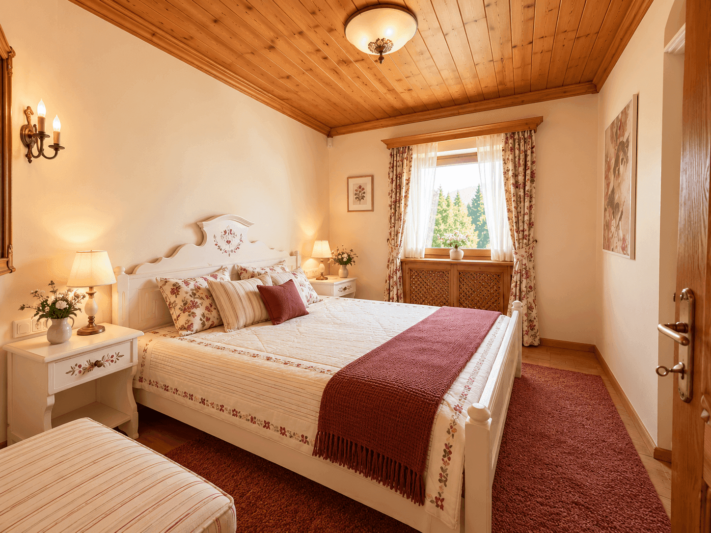 Helles Schlafzimmer im traditionellen Stil mit Holzbalkendecke, Doppelbett und Blick ins Grüne.